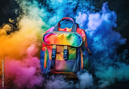 A colorful backpack surrounded by multicolored smoke, vibrant and eye - catching, creating a trendy and dynamic atmosphere. photo