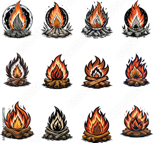 Campfire designs flames wood fire, Outdoor activities accessories vector set for summer travel, hiking, hunting, camping equipment design concept