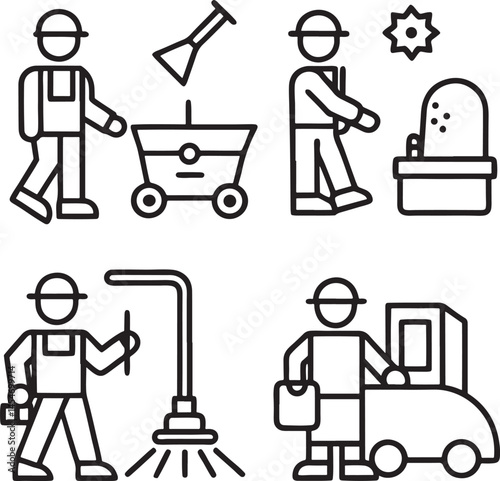 cleaning icons set line art design black and white.