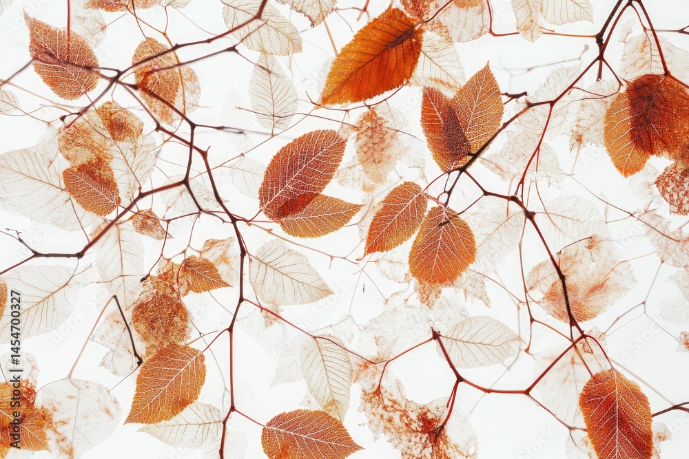 Fototapeta premium Translucent autumn leaves on branches against a white background, delicate and ethereal.