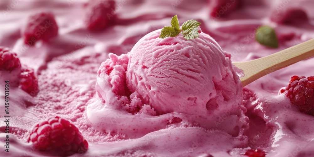 Delicious raspberry ice cream with fresh raspberries and mint leaves served in a bowl