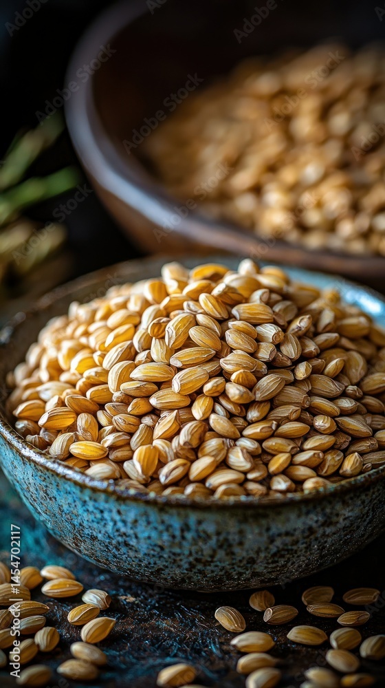 Obraz premium Grains fill bowls in rustic setting, focus on texture