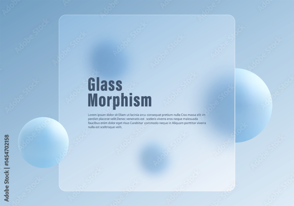 Frosted glass-style square panel with rounded corners and soft blue 3D spheres, placed on a light blue gradient background, clean modern look.