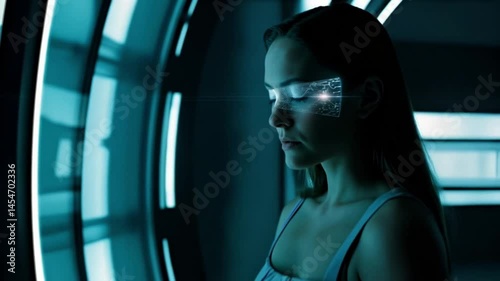 A woman is wearing virtual reality goggles and looking at the camera