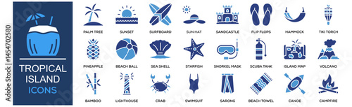 Tropical island icon collection set. Containing design Palm Tree, Coconut, Sunset, Surfboard, Sun Hat