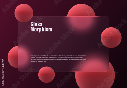 Dark translucent rectangular glass panel with glowing red 3D spheres on a deep burgundy gradient background, sleek modern vector layout.