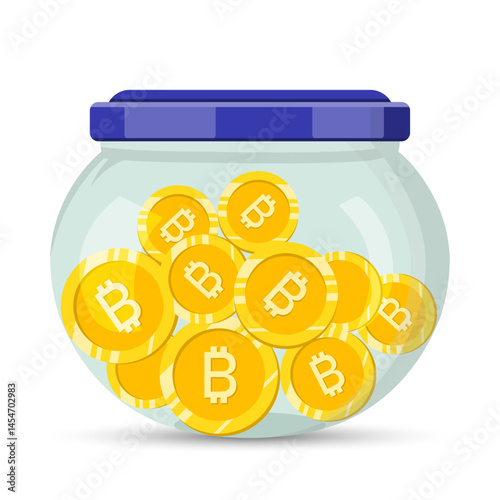 Glass jar with bitcoin coins save money vector illustration concept. Save money, Coin jar.