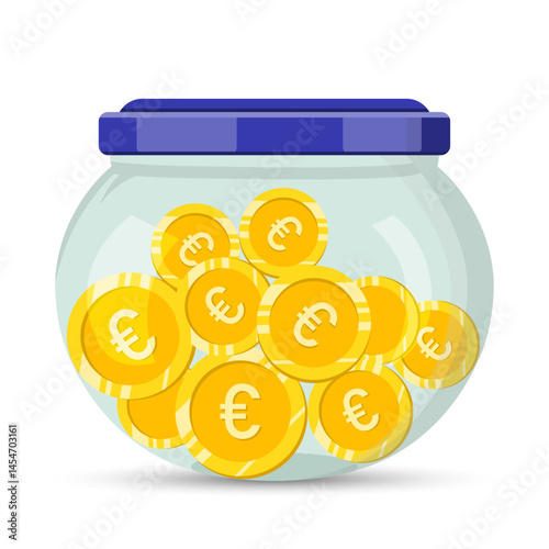 Glass jar with euro coins save money vector illustration concept. Save money, Coin jar.