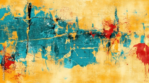 Abstract splashes of turquoise, red, and black on a golden yellow background with textural crackles