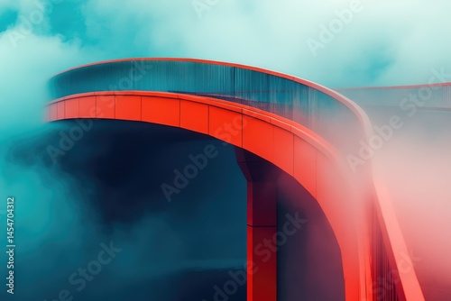 A modern red bridge shrouded in mist, a minimalist architectural marvel.