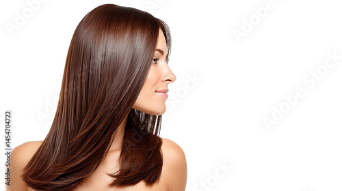 Profile view of a woman with shiny brown hair on a white background