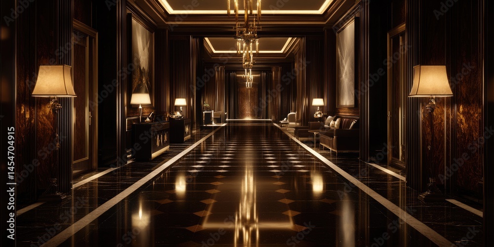 Fototapeta premium Grand, dark hallway in an opulent hotel.