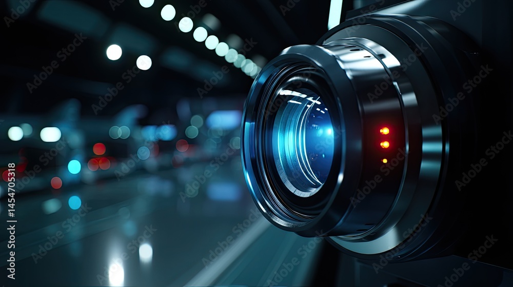 Fototapeta premium Camera lens close-up with blue light reflections, modern technology