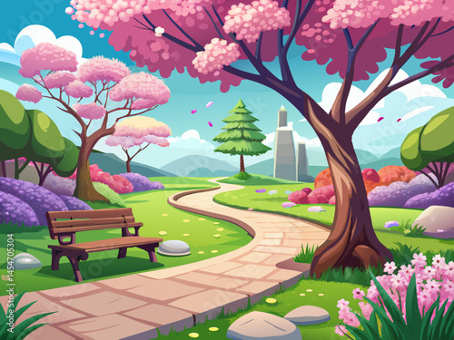 vector of spring park, landscape, blossoming nature, idol garden, outdoor environment, walking path space, empty bench and blooming tree with green and pink foliage petals, April day...