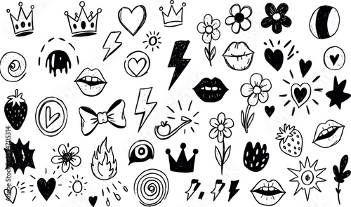 Punk girl doodle grafitti. Bow girly tattoo. Cute crayon heart, cherry, bow. Rock star vintage grunge vector. Punk tattoo icon set. Sketch scribble shape. Chalk ribbon flower kiss