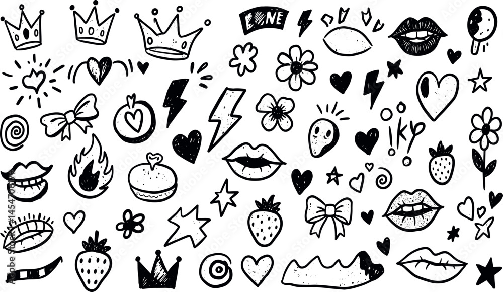 Fototapeta premium Punk girl doodle grafitti. Bow girly tattoo. Cute crayon heart, cherry, bow. Rock star vintage grunge vector. Punk tattoo icon set. Sketch scribble shape. Chalk ribbon flower kiss