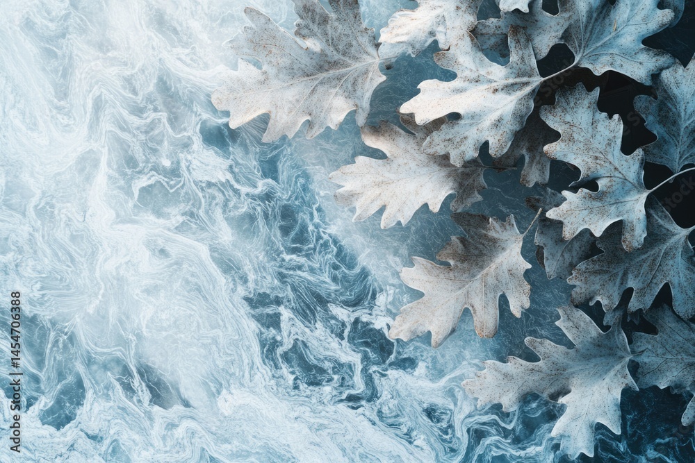 Silver-toned oak leaves rest atop a swirling, icy blue marble background, creating a serene autumnal scene. Silver-toned oak leaves rest atop a swirling, icy blue marble background, creating a serene autumnal scene.