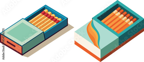 Matchboxes Isometric View Colorful Vector Art Illustration Design