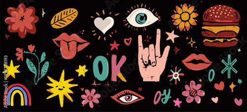 Playful vector doodles featuring flowers, eyes, lips, burger, stars, hearts, and hand gestures in bright colors on a black background. Fun, modern, and expressive illustration set.
