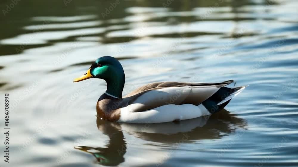 Waterfowl in aquatic environment depicting natural wildlife and tranquility featuring duck on water surface depicting motion and serenity in daylight Waterfowl in aquatic environment depicting natural wildlife and tranquility featuring duck on water surface depicting motion and serenity in daylight