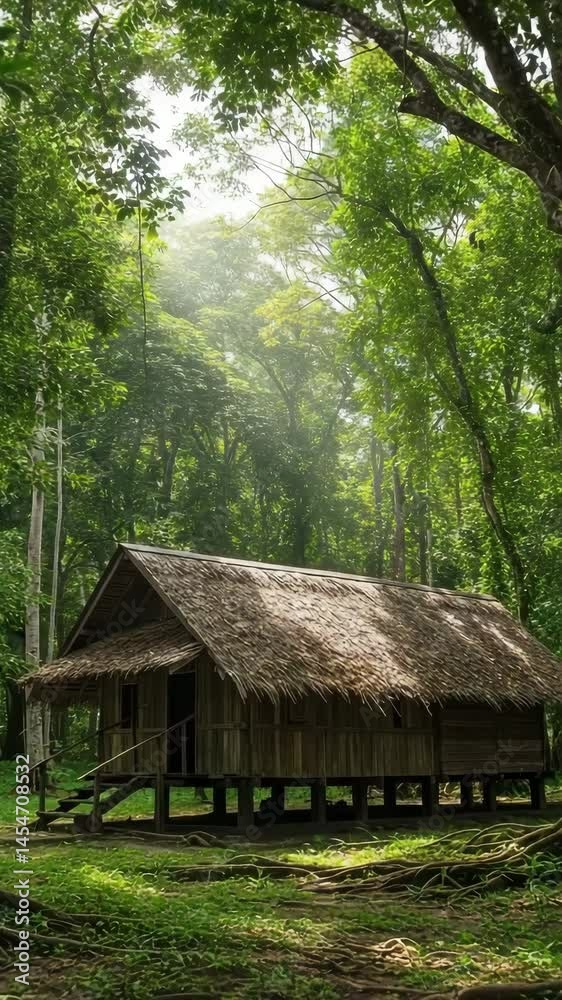 A rustic wooden house stands surrounded by lush green trees, basking in warm sunlight A rustic wooden house stands surrounded by lush green trees, basking in warm sunlight