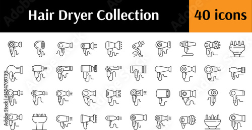 Hair Dryer Line Icon Pack. Minimalistic Linear Pictogram for Web and Graphic Design, Apps, Banners, Social Network and Cards