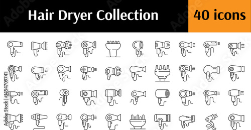 Hair Dryer Line Icon Bundle. Minimalistic Linear Pictogram for Web and Graphic Design, Apps, Banners, Social Network and Cards