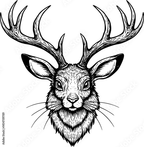 Jackalope hare with horns folklore magic animals set hand drawn line art gothic tattoo design isolated vector illustration