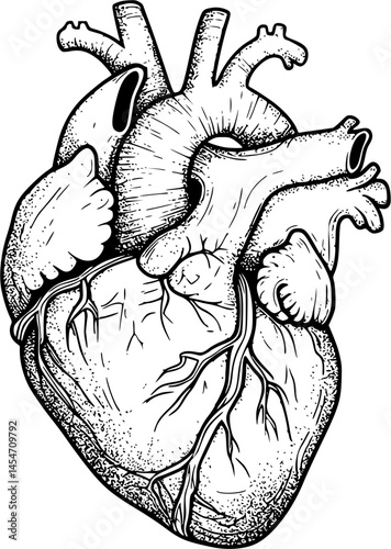 Human heart anatomically correct hand drawn line art and dotwork. Flash tattoo or print design vector illustration.
