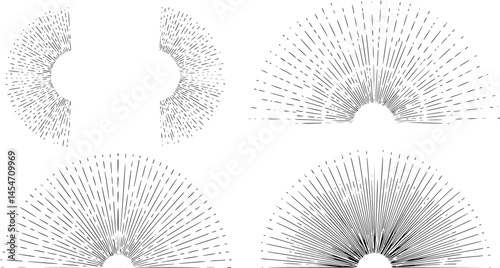 Hand drawn set of sunburst etching style frame rays vector illustration