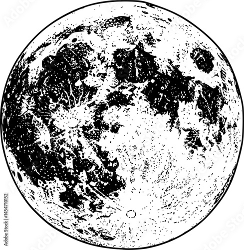 Antique style hand drawn line art and dot work full moon isolated. Boho chic tattoo or print design vector illustration