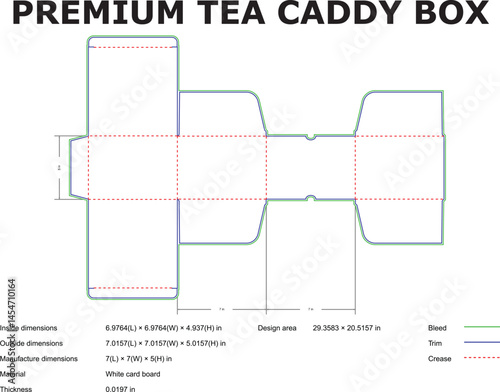 Premium Tea Caddy Box Die Cut Template With Dimensions And Design Area Information
