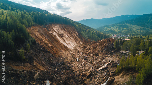 A massive landslide burying a village with rocks and debris tumbling down a mountain.