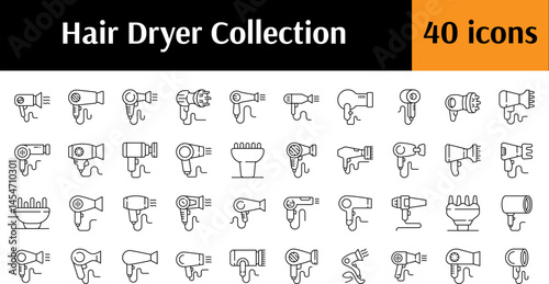 Hair Dryer Outline Web Line Icons Collection. Minimalistic Linear Pictogram for Web and Graphic Design, Apps, Banners, Social Network and Cards