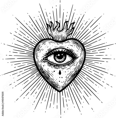 All seeing eye of God in sacred heart with rays of light sunburst hand drawn isolated vector illustration. Black work, flash tattoo or print design