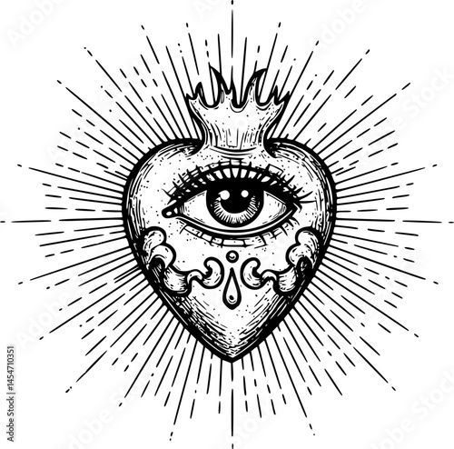 All seeing eye of God in sacred heart with rays of light sunburst hand drawn isolated vector illustration. Black work, flash tattoo or print design