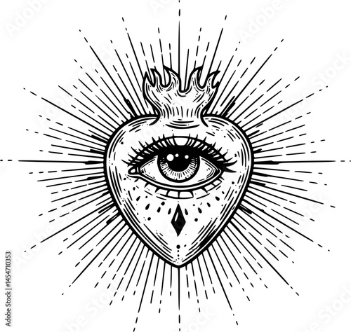 All seeing eye of God in sacred heart with rays of light sunburst hand drawn isolated vector illustration. Black work, flash tattoo or print design
