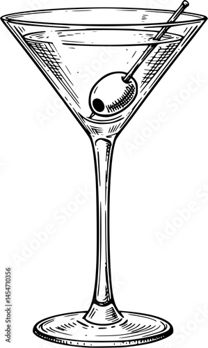 Martini with olive alcoholic cocktail in glass isolated on white background hand drawn vintage style line art vector illustration.