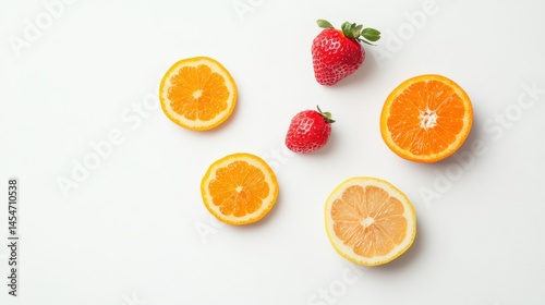 Fresh citrus and strawberries arrangement on white background food photography minimalist style