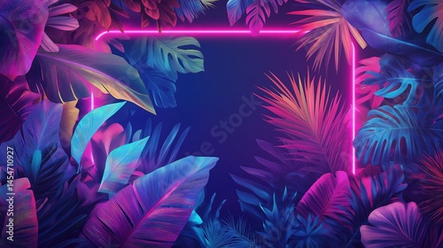 Tropical leaf frame with purple neon linear border, empty center on a dark blue background.