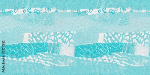 Seamless teal green woven grunge dye border pattern. Irregular beach cottage dye washed out resist banner background. Modern mottled woven style for trendy coastal worn texture tape edging trim.