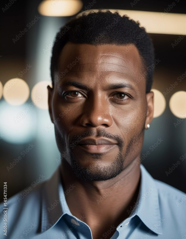 A man with well-defined features stands confidently, his expression serious yet calm Generative AI A man with well-defined features stands confidently, his expression serious yet calm Generative AI