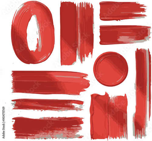 Red Paint Brush Strokes and Shapes Collection on White Background

