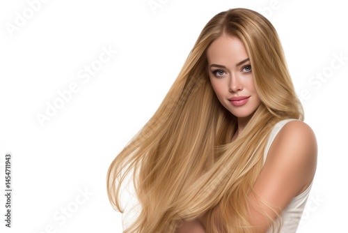 Portrait of blonde woman with flowing silky hair over shoulders, white background.