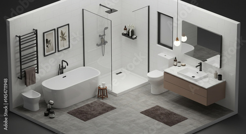 Modern bathroom design, isometric view, neutral tones, for home decor inspiration