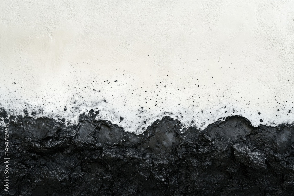 Abstract monochrome image depicting a stark contrast between a white upper section and a dark, textured lower section, resembling a landscape or geological formation. Abstract monochrome image depicting a stark contrast between a white upper section and a dark, textured lower section, resembling a landscape or geological formation.