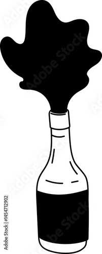 Wine Spill Splashing from Bottle in Line Art Style