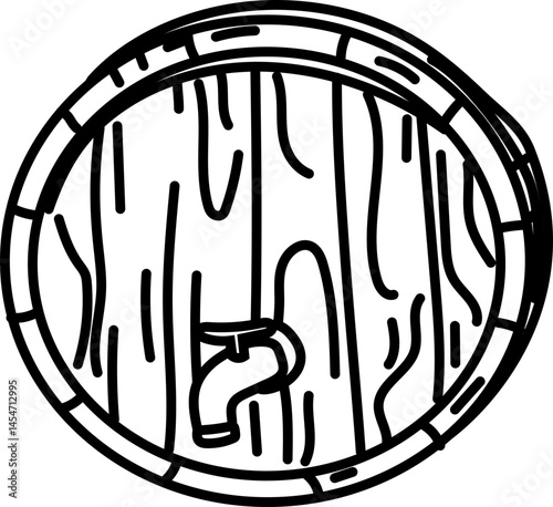 Wooden Wine Barrel Top View in Hand-Drawn Doodle Style