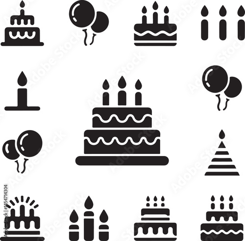 Silhouette Icon Set of Birthday Cake with Candle on White Background

