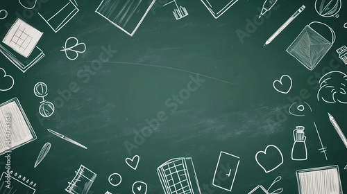 Blackboard background with white doodle school icons: books, pencils, erasers, apples, paintbrushes, hammers, satchels, keyboard keys, and paper hearts in flat style.